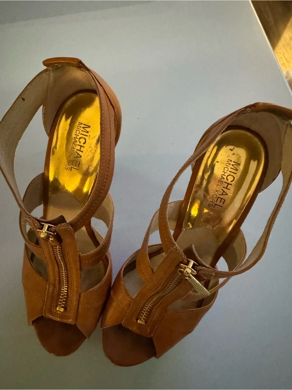 Michael Kors Women’s Tan Leather Platform Sandals with Gold Zip Accent Size 8.5